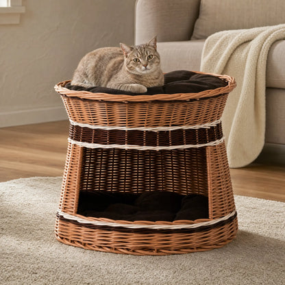 Gevlochten kattenmand met huis